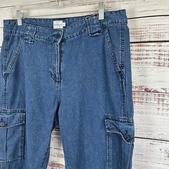Womens Y2K Calvin Klein Jeans Cargo Pants Baggy Pockets Medium Wash Straight 12 - Picture 2 of 6